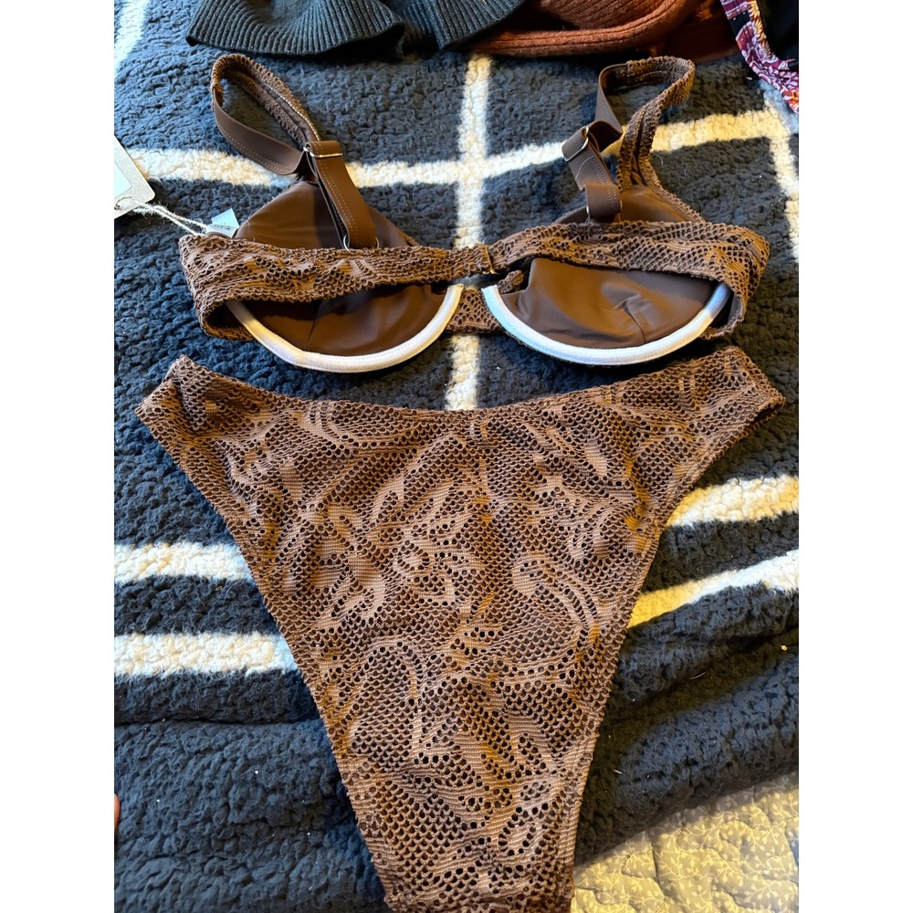 Samiol Women Brown Crochet Lace Underwire Bikini Set High Cut Swimsuit Large NWT - Picture 2 of 7